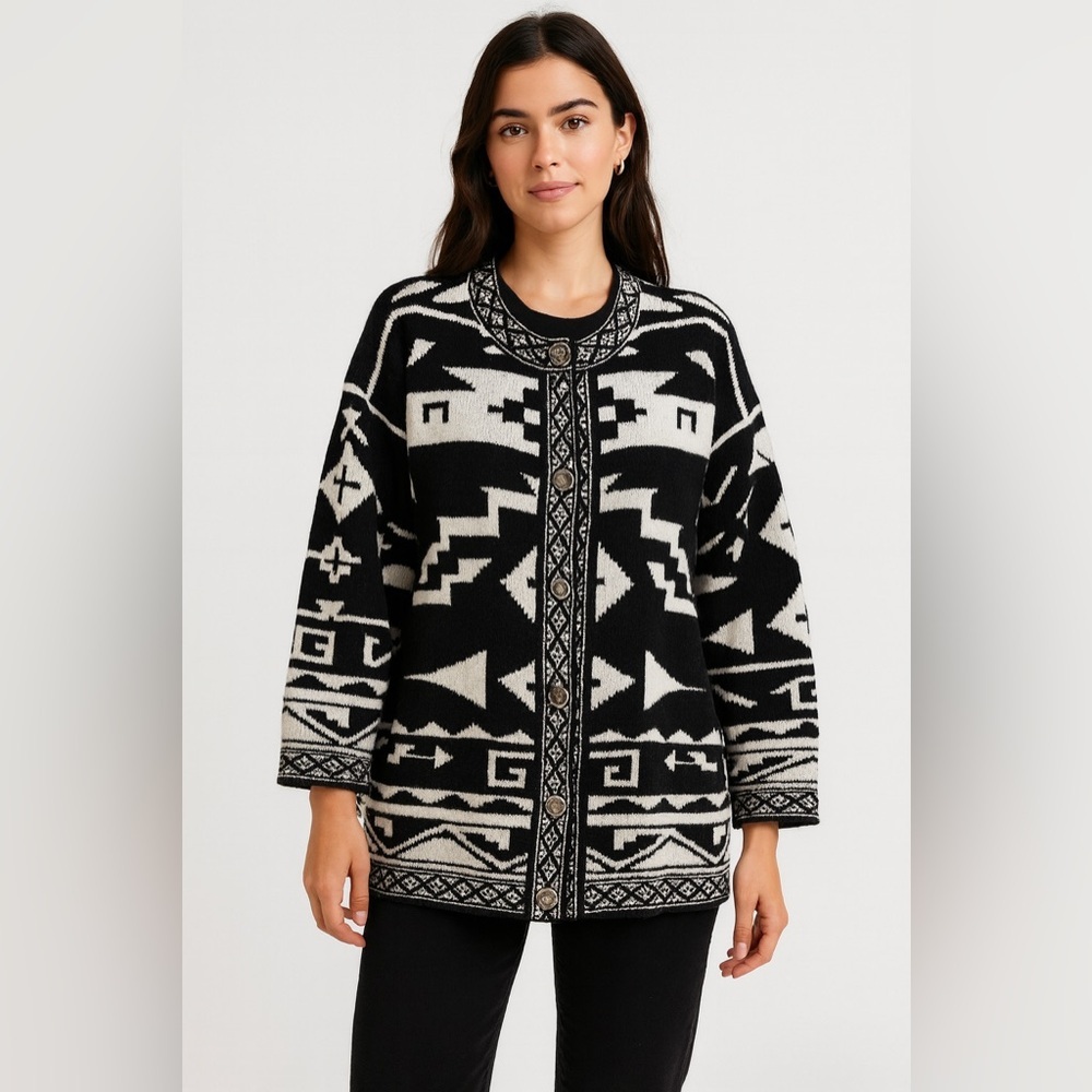 Vtg JOY BURTON Streetwear Cardigan Sweater Nordic Tribal Buttons Long Sleeve S